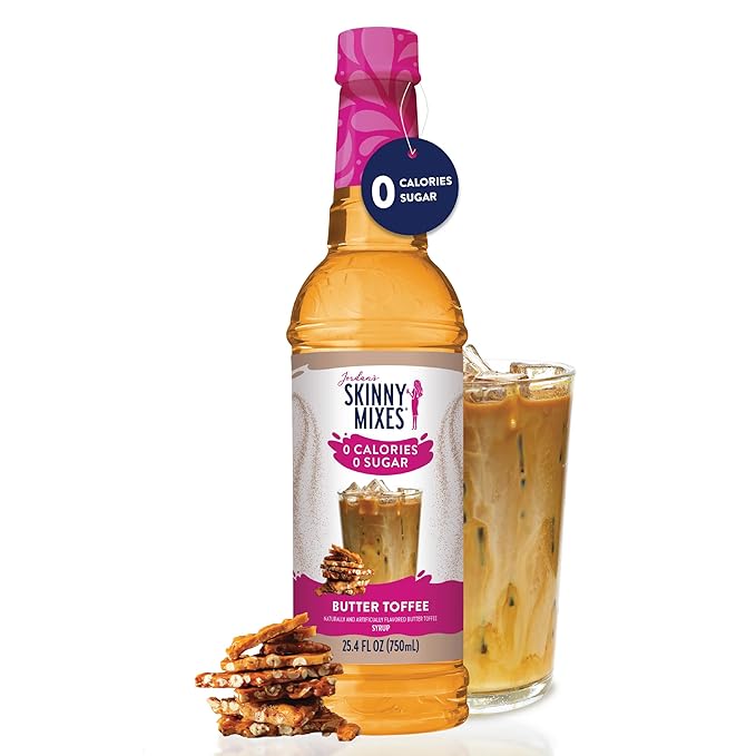 Jordan's Skinny Mixes Sugar Free Coffee Syrup, Butter Toffee Coffee Flavoring Syrup, Zero Calorie Drink Mix, Lattes, Baking, Protein Shake or Cocktail, Dairy & Gluten Free, Kosher, 25.4 Fl Oz