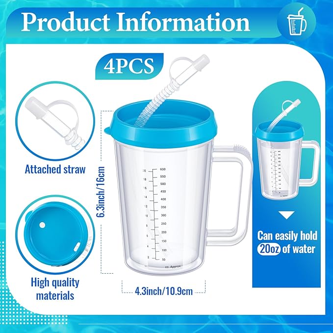 4 Pcs 20 oz Hospital Water Cup with Straw and Lid Insulated Double Walled Elderly Water Bottle Hospital Carafe Mug with Handle Graduated Plastic Drinking Sippy Cup for Adult(Mixed Color)