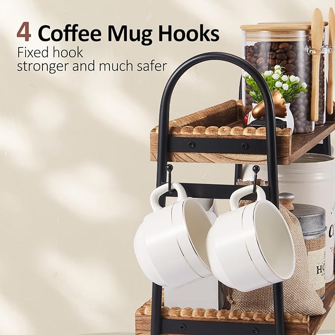 BDBDYEAY Coffee Bar Accessories, 2-Tier Coffee Bar Organizer with 4 Coffee Cup Holder Hooks, Mul-tifunctional Wooden Beaded Coffee Station Countertop Stand Shelf for Kitchen Home Office