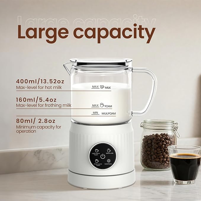 4-in-1 Milk Frother, Electric Milk Frother and Steamer with LED Touch Screen, Ceramic Lining Bottom, Milk Warmer 13.52oz for Lattes, Cappuccinos, and Macchiatos at Home, White