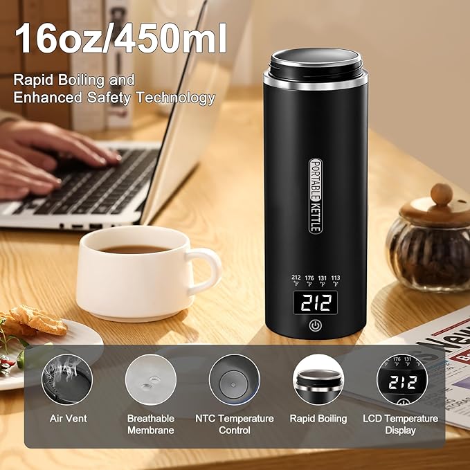 Travel Kettle, Portable Electric Kettle with 4 Temperature Controls, 304 Stainless Steel with Auto Shut-off, Black (120V)