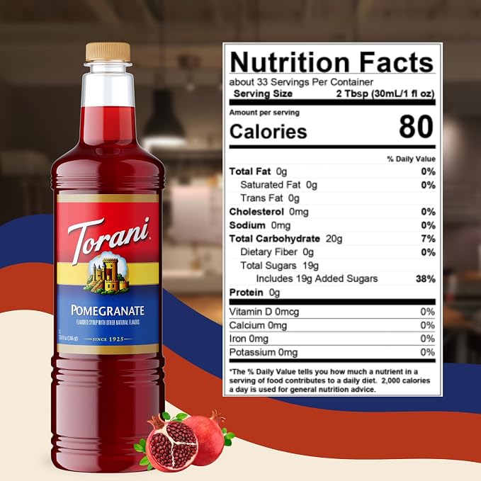 Torani Pomegranate Syrup 1 Liter Bottle with Pump – Premium Drink Flavoring Made with Pure Cane Sugar & Natural Flavors for Cocktails, Mocktails, Lemonades & Teas – Tart Fruity Sweetener - Image 2