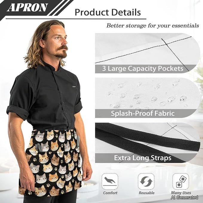 Server Apron with 3 Pockets 13 Inch Short Half Waist Aprons Waterproof Cooking Aprons for Women Men - Image 6