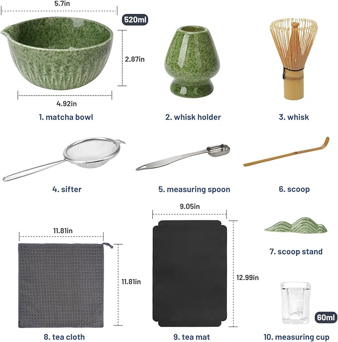 Matcha Whisk Set, 10-Pcs Matcha Kit, Bamboo Whisk and Bowl with Spout & Measuring Spoon & Cup, Japanese Tea Making Tools, Complete Matcha Gift Set for Starter, Mottled Green