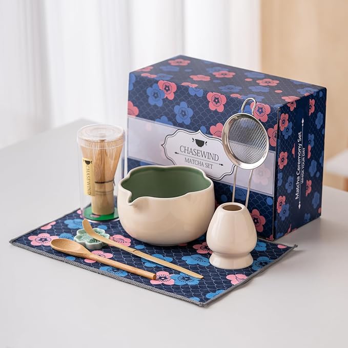 Matcha Set, 8Pcs Floral Ceramic Matcha Kit with Matcha Whisk, Holder, Scoop, Scoop Rest, Sifter, Spoon and Tea Towel - Thoughtful Matcha Whisk Set Gift for Matcha Lovers (Beige & Green)