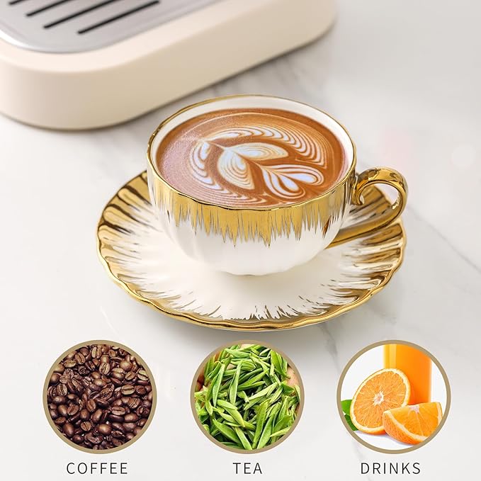 LETAOTAO Cappuccino Cups with Saucers, 7 oz Porcelain Double Espresso Cups Set, Ceramic Turkish Coffee Cups with Gold Trim, Tea Cups Set of 6, Cafe Cups for Latte, Mocha, Au Lait, White