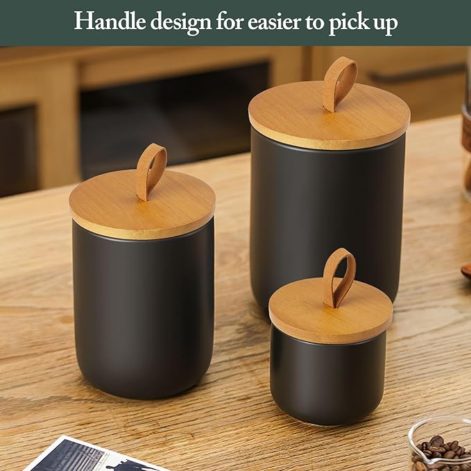 Black Canisters Sets for The Kitchen, Airtight Kitchen Canisters for Countertop, Kitchen Canisters Set of 3 with Top Handle, Modern Ceramic Jar with Wooden Lid for Coffee Flour Cookie Nuts