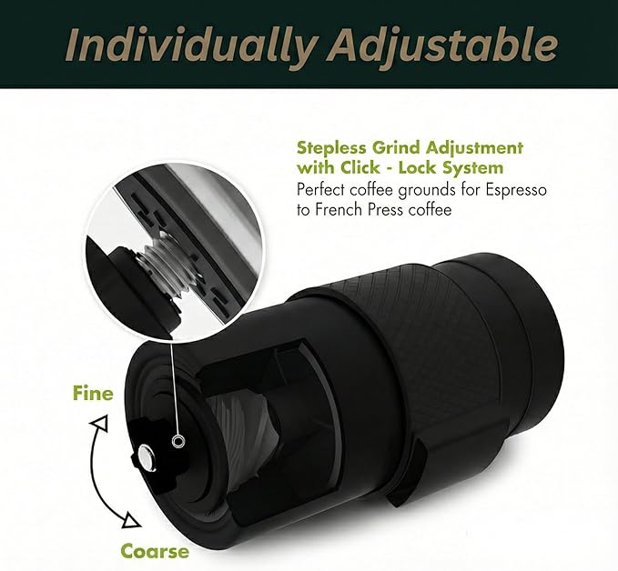 Manual Coffee Grinder with Ceramic Conical Burr - AeroPress Compatible Hand Coffee Mill with Click-Lock Stepless Adjustment | Portable Precision Molino de Cafe for Camping, Home & Travel
