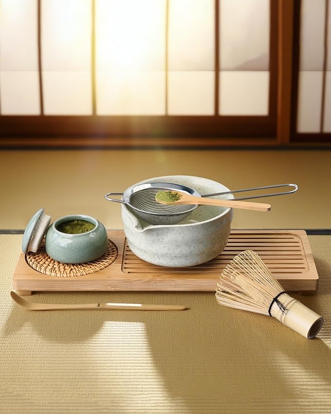 Matcha Whisk Set, 4 Piece Matcha Making Kit Includes Bamboo Whisk (Chasen), Spoon (Chashaku), Stainless Steel Sifter, Teaspoon, Traditional Handmade Matcha Starter Kit 100% Natural Bamboo