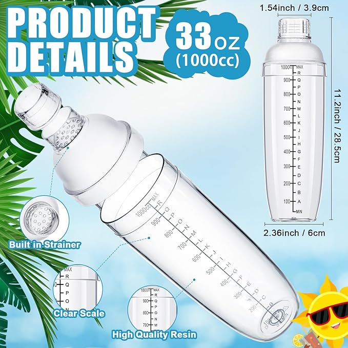 Lallisa 12 Pcs Plastic Cocktail Shaker Drink Mixer with Scales and Strainer Top Clear Shaker Cup with Measurement Plastic Mixing Tool for Tea Coffee Bubble Tea Milk(1000 Cc/ 34 oz)