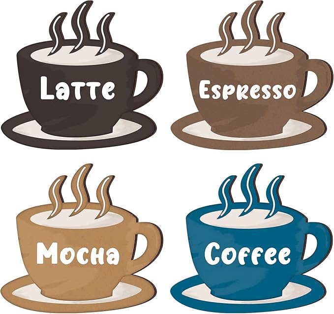 Blulu 4 Pieces Coffee Wooden Wall Art Decor Wooden Coffee Cup Signs Espresso, Latte, Mocha - Rustic Farmhouse and Vintage Cafe Wall Decor