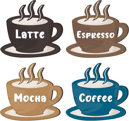 Blulu 4 Pieces Coffee Wooden Wall Art Decor Wooden Coffee Cup Signs Espresso, Latte, Mocha - Rustic Farmhouse and Vintage Cafe Wall Decor