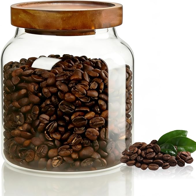 1PC Glass Storage Jars with Airtight Lids, 64 fl oz (1900ml) coffee container with Wooden Lid, Glass Pantry Canister for Beans, Rice, Sugar and etc