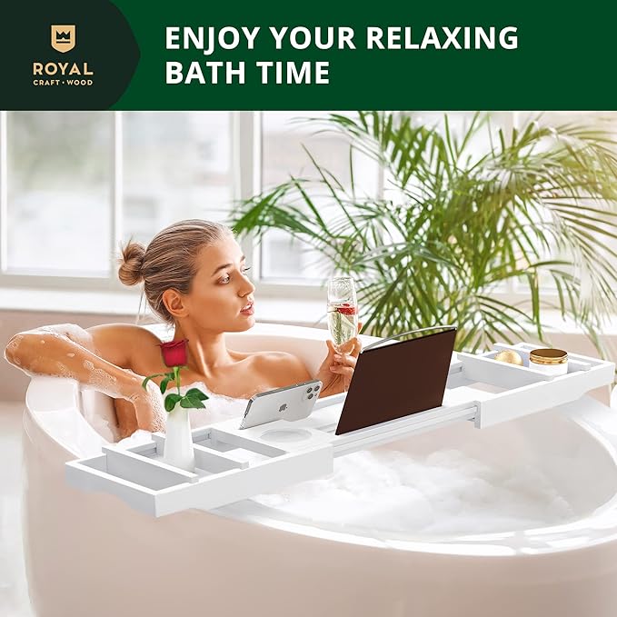 ROYAL CRAFT WOOD Premium Foldable Bathtub Tray Caddy - Wood Bath Tray for Tub, Bamboo Shelf, Expandable Bath Table Trays, Bathtub & Bathroom Accessories for New Home & Mothers, Birthday Gifts for Mom