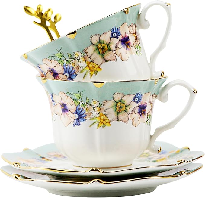 Country Roses Porcelain Tea Cup and Saucer Set with Gold Trim, Vintage Style, For Women and Tea Parties (2, Light Cyan)