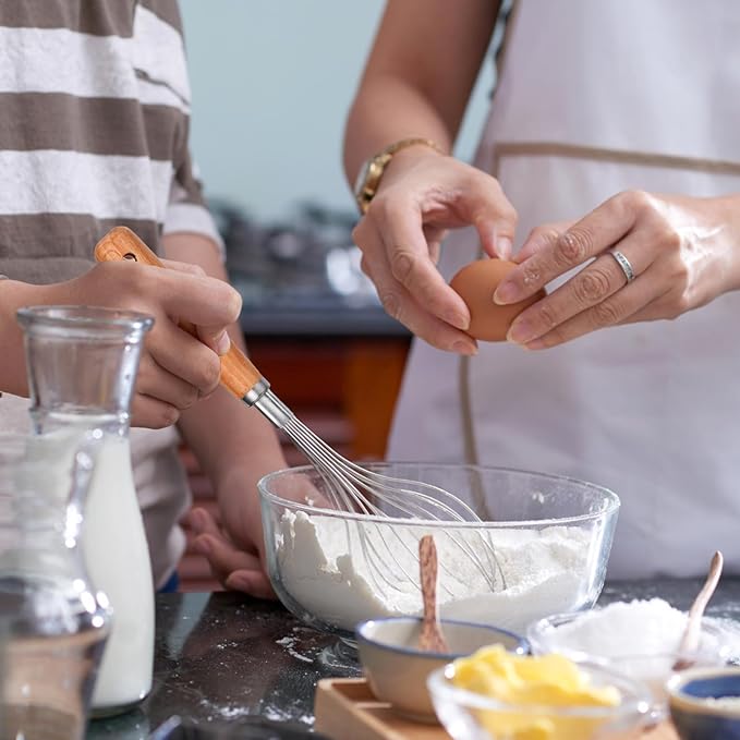 2 PCS Whisk Wooden Handle Stainless Steel, Wisking Tool Stainless, Kitchen Hand Whisk, Non Stick Balloon Whisk for Stirring, Whisking, Beating, Blending, Egg, Batter (8.07"L X 1.57"W)