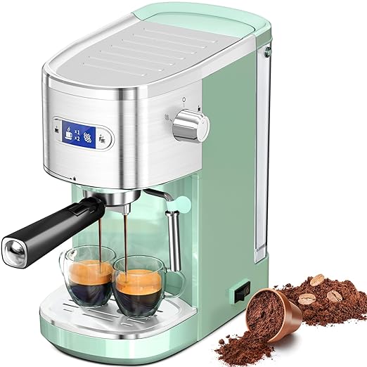 20 Bar Espresso Machine, Professional Stainless Steel Coffee Maker with LCD Display, 45oz Removable Water Tank, Home & Office Espresso Maker for Cappuccino Latte Macchiato, Green