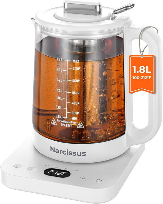 Narcissus Electric Kettle Temperature Control ±5℉, 1.8L Glass Electric Tea Kettle with Removable Infuser for Flowers & Fruit Tea, 1200W Fast Boiling, 6 Hours Keep Warming, White