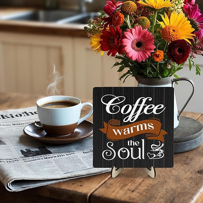 Coffee Bar Sign Plaque Decor,Coffee Bar Accessories,Rustic Wooden Tabletop Plaque with Stand, Minimalist Farmhouse Kitchen Counter Sign,Cute Mini Café Bar Decor Gift 5.9x5.9Inch