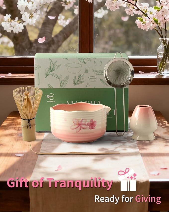 Pottery Matcha Set - Japanese Handcrafted Matcha Tea Bowl Mineral Glaze Bowl with Spout, Bamboo Whisk, Scoop & Chasen Holder | 5pc Tea Ceremony Kit for Matcha Lovers (Sakura Fubuki)