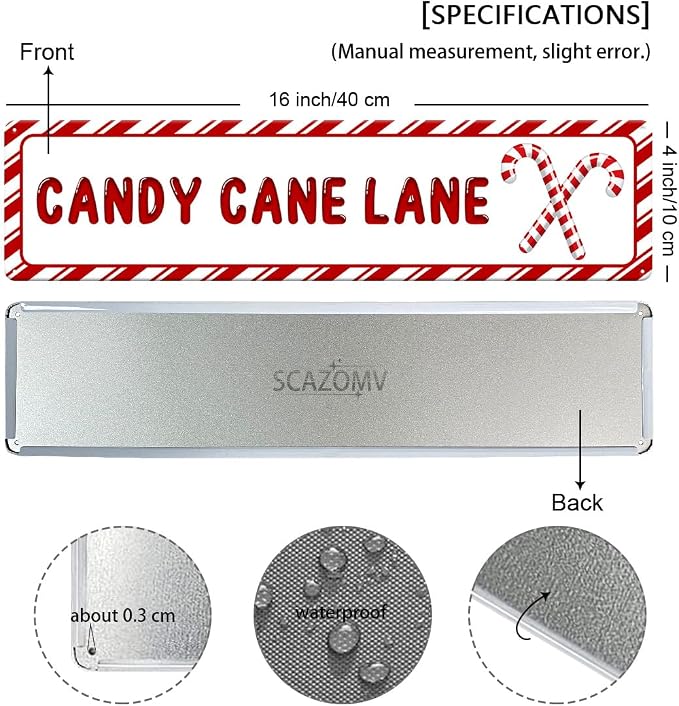 Candy Cane Lane Christmas Metal Sign Vintage Print Art Poster Tin Hanging Plaque for Home Kitchen Patio Yard Office Cafe Coffee Bar Front Door Wall Decor Novelty Gift 16" x 4" - Image 2