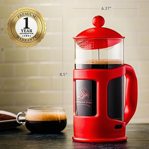OVENTE French Press Coffee Maker 34 Ounce with Heat Resistant Borosilicate Glass & Stainless Steel 4-Level Filtration System, Portable Cold Brew Coffee Maker for Travel, Camping or Gift, Red FPT34R