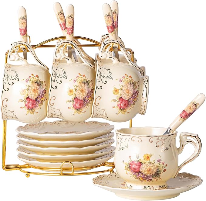 YOLIFE 8 OZ Flowering Shrubs Tea Cups and Saucers Set of 6, Ivory Ceramic Floral Teacups Set, Coffee Cups with Golden Rack