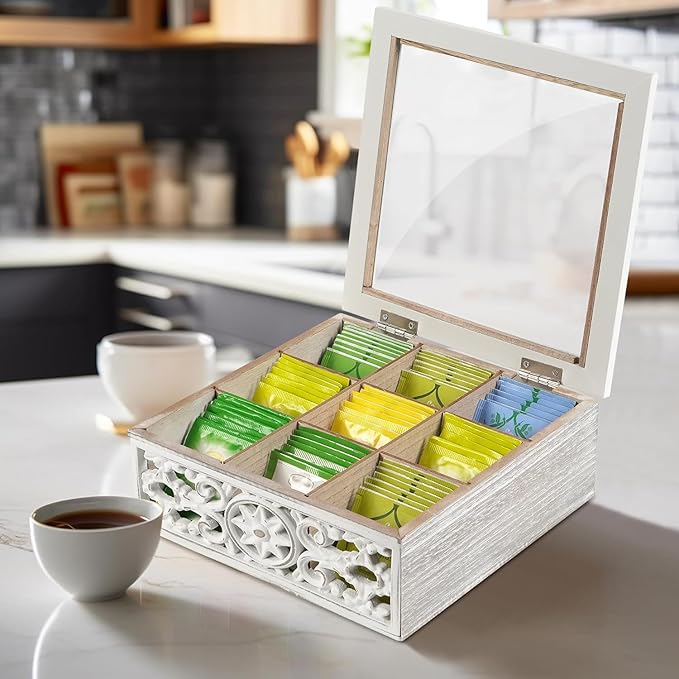 Tea Bag Organizer Wooden Tea Box for Tea Bags, Tea Organizer 9 Compartments Tea Chest Storage Box with Clear Lid, Tea Bag Holder Tea Caddy for Tea Coffee Sugar, Home Kitchen Office, White