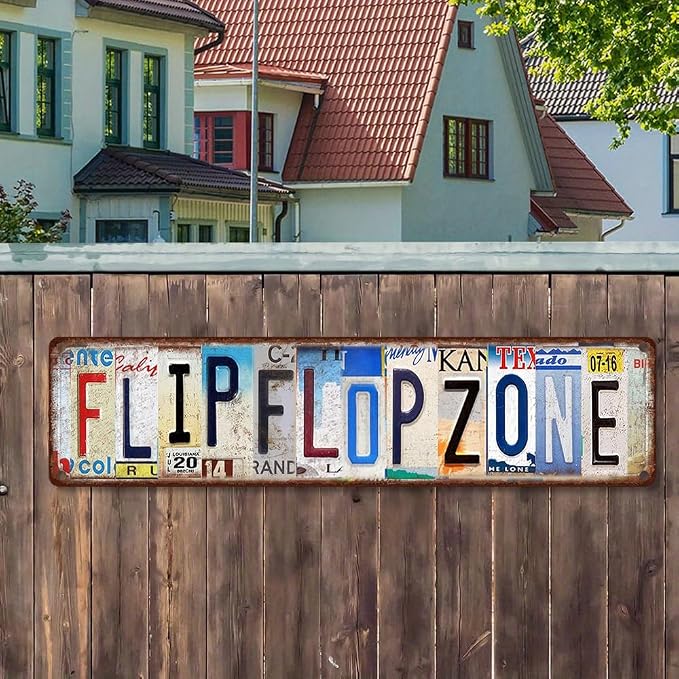 Vintage License Plate FLIP FLOP ZONE Sign – 16x4 Inch Rustic Tin Wall Décor for Beach House, Poolside, Patio, Coastal Cottage or Summer Bar - Image 4