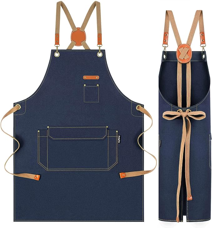 Chef Apron with Cross Back Straps for Men Women, Cotton Canvas Apron for Artists Painting, Kitchen Cooking by RockyToy