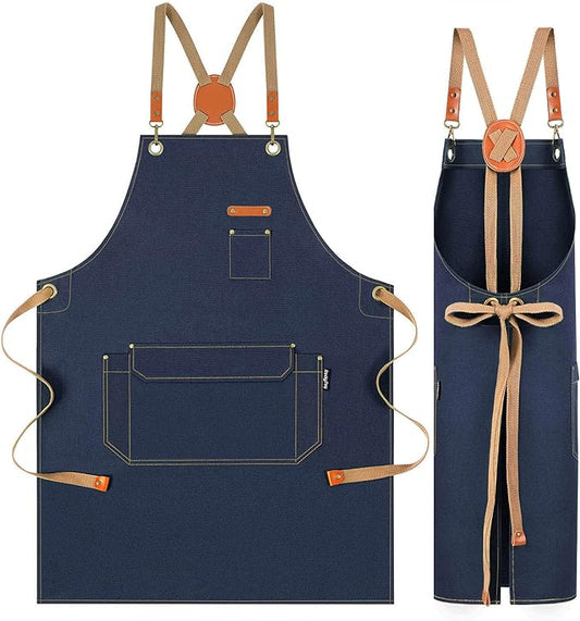 Chef Apron with Cross Back Straps for Men Women, Cotton Canvas Apron for Artists Painting, Kitchen Cooking by RockyToy