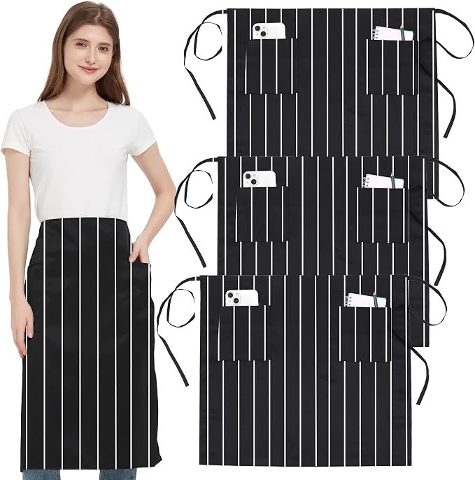 3 Pack Waist Apron with 3 Pockets, Unisex Black Waiter Aprons, Water Resistant Server Aprons for Restaurant Chef Bar by FunChaos