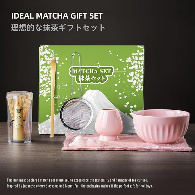 Matcha Whisk Set, 7Pcs Pink Matcha Kit Includes Ceramic Bowl, Whisk and Holder, Bamboo Scoop, Scoop Rest, Sifter and Tea Towel