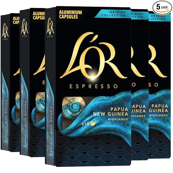L'OR Espresso Capsules, 50 Count Papua New Guinea, Single-Serve Aluminum Coffee Capsules Compatible with the L'OR BARISTA System & *Nespresso Original Machines, 50 Count (Pack of 5)