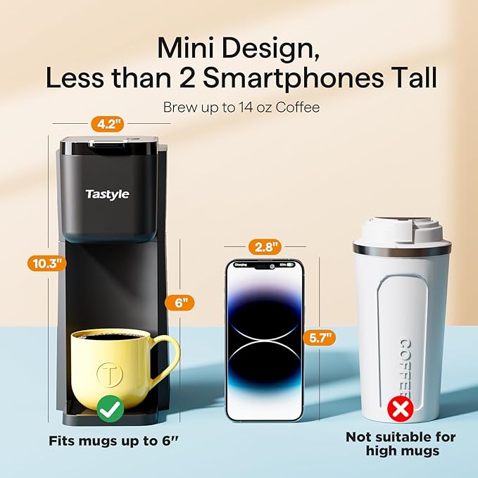 Mini Hot and Iced Coffee Maker Single Serve, for K Cup and Ground, 6 to 14 Oz Brew Sizes, with Recipe Book, for Home, Travel, RV, Office and Dorm, Classic Black (2.0 Version)