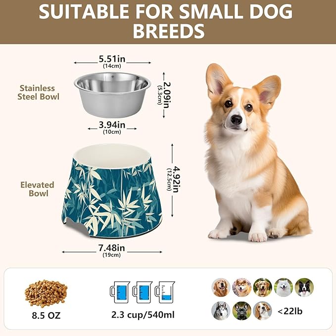 Teal bamboos White Dogs Feeding Bowls Non Skid Stainless Steel Raised Cat Bowls for Slow Feed Dogs Whisker Relief
