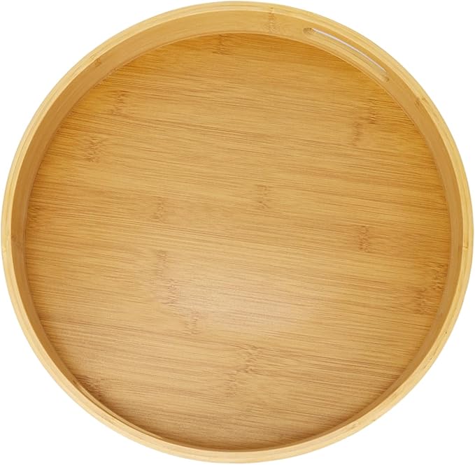13.8 Inch Large Round Bamboo Serving Tray with Handles, Wood Round Tray for Breakfast, Drinks, Snacks on Bed Sofa and Home Dining Table (Brown)