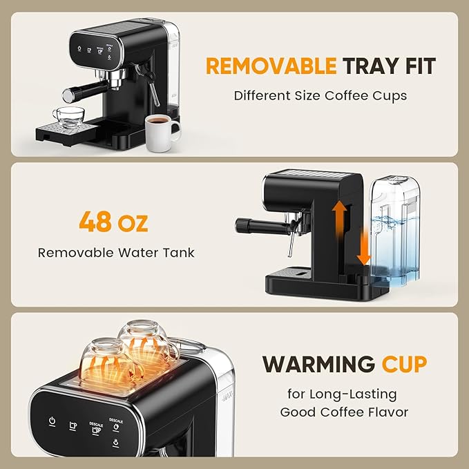 Espresso Machine 20 Bar, Home Espresso Maker with Touchscreen & Steam Milk Frother, Fast Heat-Up Coffee Machine with 48oz Removable Tank for Cappuccino, Latte, Americano, Black