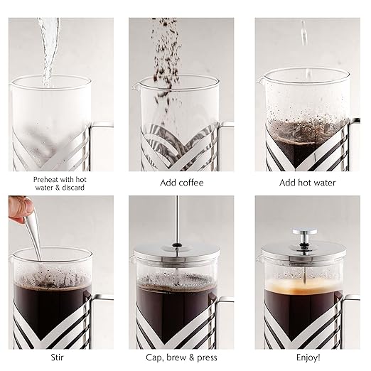 OVENTE French Press Coffee Maker 12 Ounce with Heat Resistant Borosilicate Glass, Stainless Steel Design and 4-Level Filter System, Portable Cold Brewer Pot for Travel, Camping or Gift, Silver FSD12P