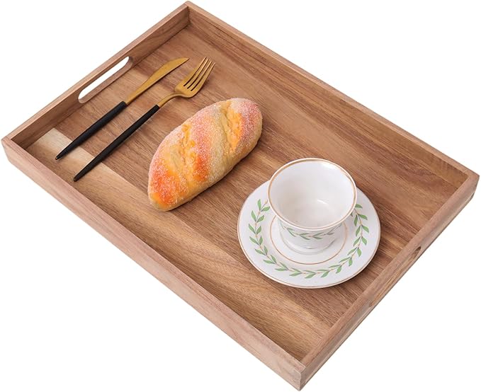 Wooden Serving Tray with Handles (17 Inches) – Decorative Serving Trays Platter for Breakfast in Bed, Lunch, Dinner,Ottoman, Appetizers, Patio, BBQ,Coffee Table, Party (Acacia)