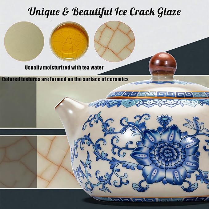 Floral Tea Pot & Tea Cup Set, Classic Blue and White Porcelain, Ice Crack Glaze, Chinese Kungfu Teapot and Teacups Set, Gift Box Packaging