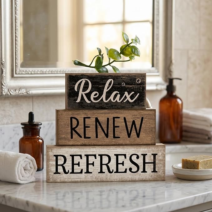 Moucuny 4 Pcs Bathroom Shelf Decor Sign Farmhouse Bathroom Decor and Accessories Rustic Eucalyptus Leaves Block Sign Gift Relax Renew Refresh Farmhouse Table Centerpiece for Home Office Toilet
