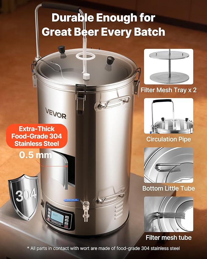 VEVOR Beer Brewing Equipment, 16 Gal/60L Beer Maker with Anti-Burn Pump and Wort Chiller,3000W All-in-One Home Brewing Kit with Digital Control, Recipe Memory & Timer, Removable mesh strainer