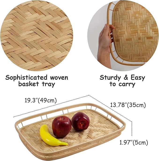 PEMAR Large Bamboo Wicker Serving Trays Set of 2 – 19.3″ x 13.8″ Rectangular Hand-Woven Lap/Breakfast Trays with Handles – Rustic & Decorative Kitchen, Coffee Table & Bed Tray
