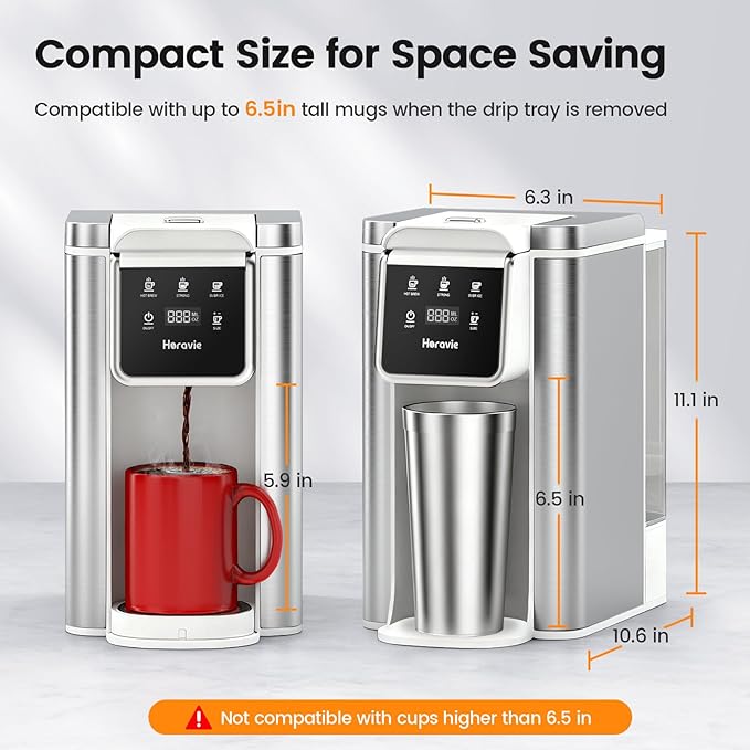 Single Serve Coffee Maker for K-Cup Pod & Grounds, Hot and Iced Coffee Maker, Strong Button Feature, 6 to 14oz Brew Sizes, 50oz Removable Reservoir, Fit 6.5" Mugs, Stainless Steel, White