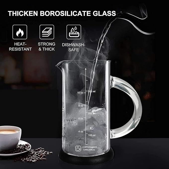 French Press Coffee Maker 12 Ounce Espresso Tea Coffee Maker with 4 Filters System, Stainless Steel Plunger and Heat Resistant Borosilicate Glass BPA-Free Brewed Tea Pot Coffee Plunger