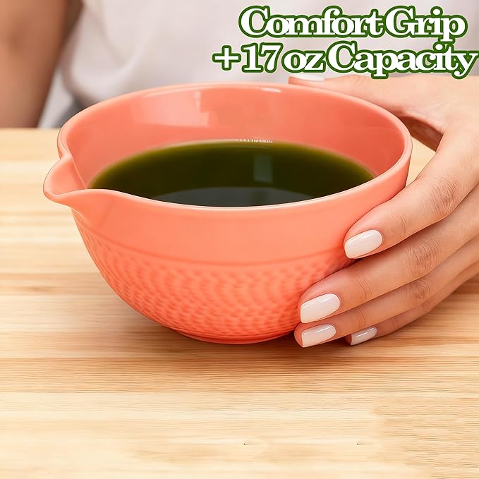 Matcha Bowl with Spout, Traditional Ceramic Matcha Tea Bowl Japanese Ceremonial Chawan for Whisking Mixing & Daily Use, 18oz/500ml Pink