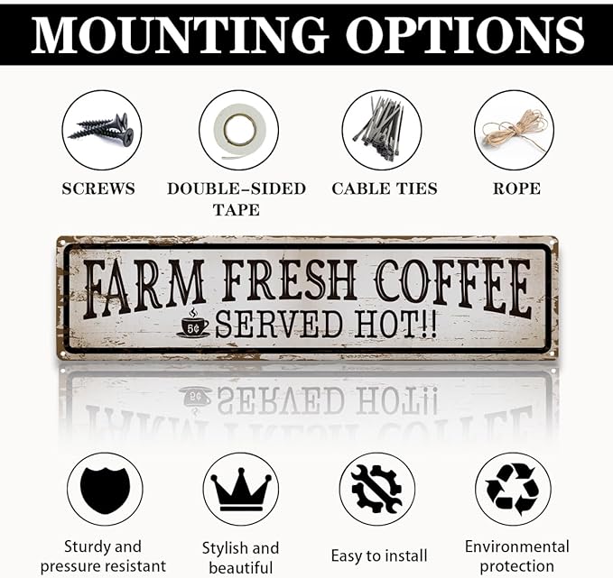 Farmhouse Coffee Sign, Farm Fresh Coffee Served Hot Sign, Rusty Metal Tin Signs 15.8x4 inches, Vintage Wall Decoration, Cafe Decor, Home Kitchen Bar Decor, Decorative Metal Signs