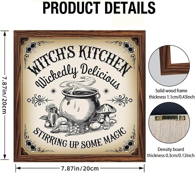 Vintage Halloween Witches Kitchen Stirring Up Some Magic Wooden Sign, With Frame Witch Cauldron Sign for Home Kitchen, Cafe, Bedroom Halloween Decor 7.87x7.87 Inch - Image 4