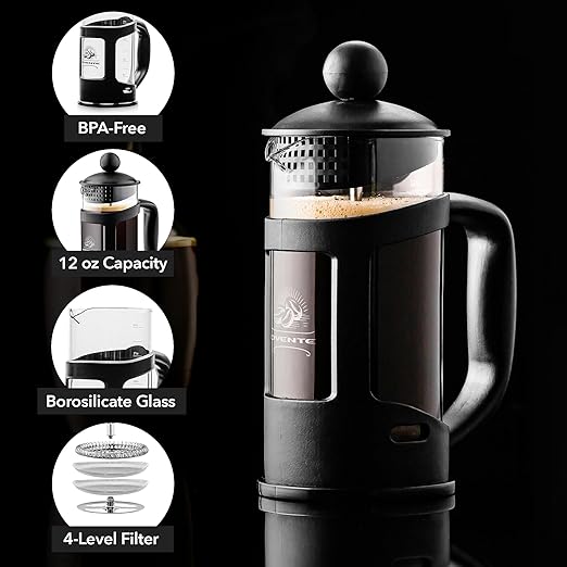 OVENTE French Press Coffee Maker 12 Ounce with Heat Resistant Borosilicate Glass & Stainless Steel 4-Level Filtration System, Portable Cold Brew Coffee Maker for Travel, Camping or Gift, Black FPT12B